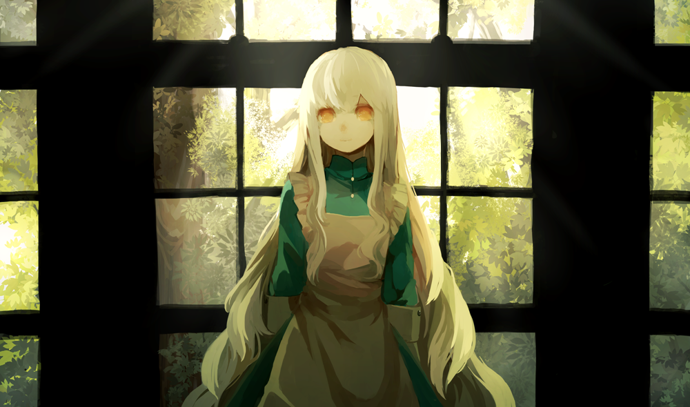 apron arms_behind_back backlighting blonde_hair dress indoors kagerou_project kozakura_marry lemontea long_hair looking_at_viewer pale_skin red_eyes sidelocks sunlight tree window