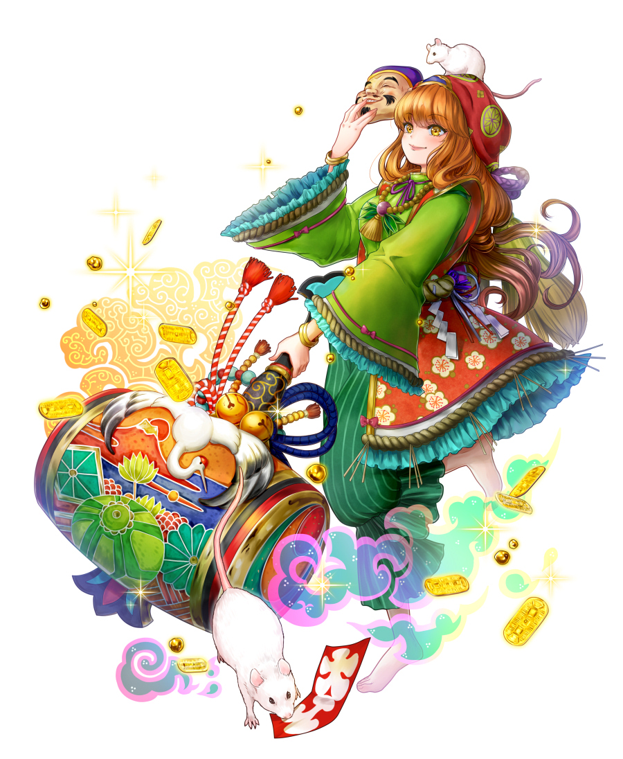 1girl animal animal_on_head barefoot bell bracelet brown_hair coin floral_print jewelry jingle_bell long_hair magical_girl mallet mask mask_removed necklace on_head original rat shide smile solo standing tachi-e very_long_hair white_background wide_sleeves yellow_eyes yogikka