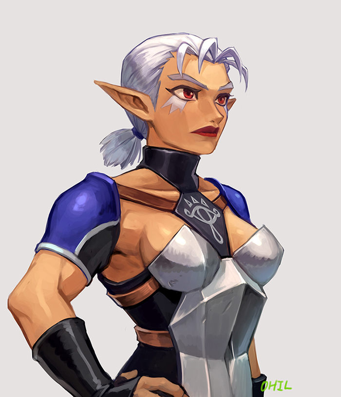 1girl armor breasts closed_mouth facial_mark hand_on_hip impa lips medium_breasts nintendo ohil_(ohil822) red_eyes red_lips short_hair short_ponytail silver_hair solo the_legend_of_zelda the_legend_of_zelda:_ocarina_of_time turtleneck