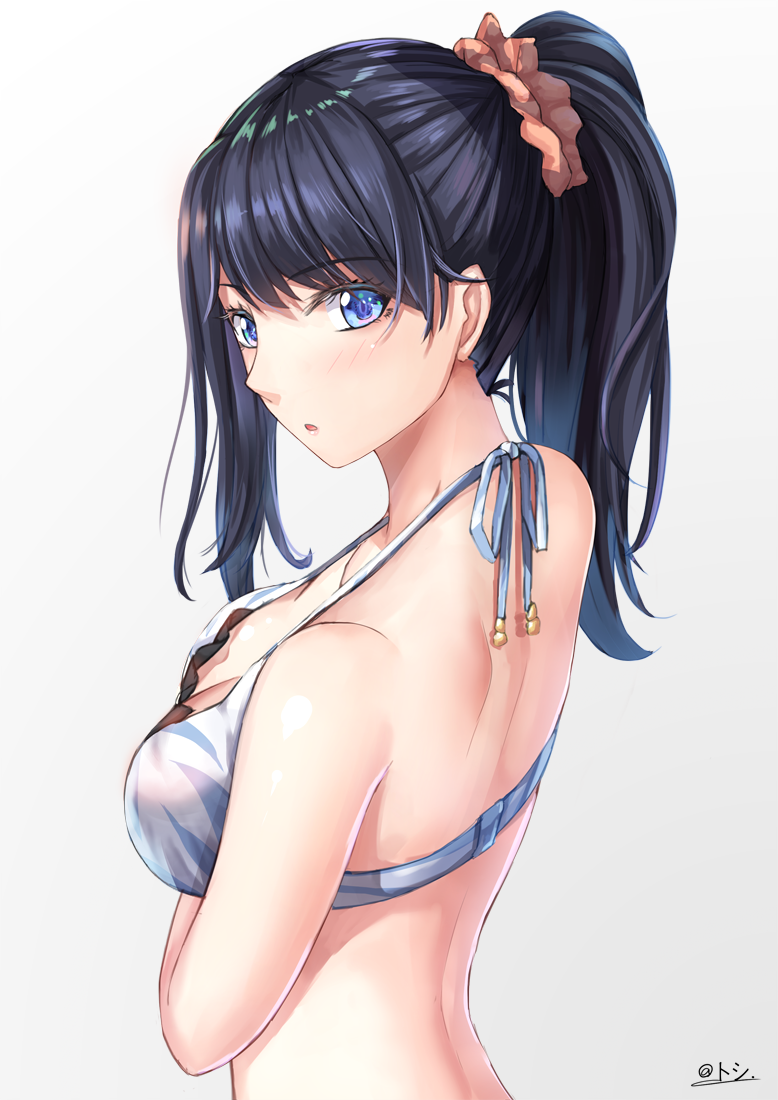 1girl animal_print bikini_top black_hair blue_eyes blush breasts long_hair looking_at_viewer looking_back medium_breasts solo ssss.gridman takarada_rikka tiger_print toshi_(1-147) upper_body