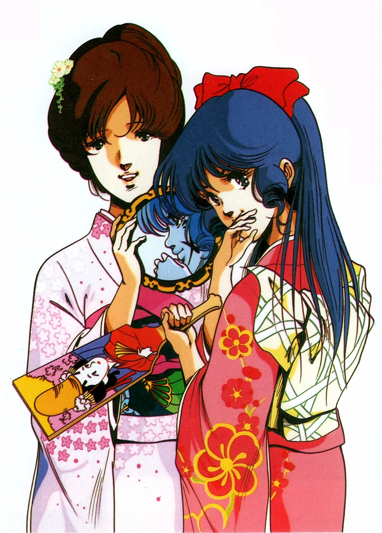 2girls 80s blue_eyes blue_hair brown_hair floral_print flower hair_flower hair_ornament hand_to_own_mouth hayase_misa highres holding japanese_clothes kimono long_hair long_sleeves looking_at_viewer lynn_minmay macross mikimoto_haruhiko multiple_girls official_art oldschool ponytail scan simple_background updo white_background