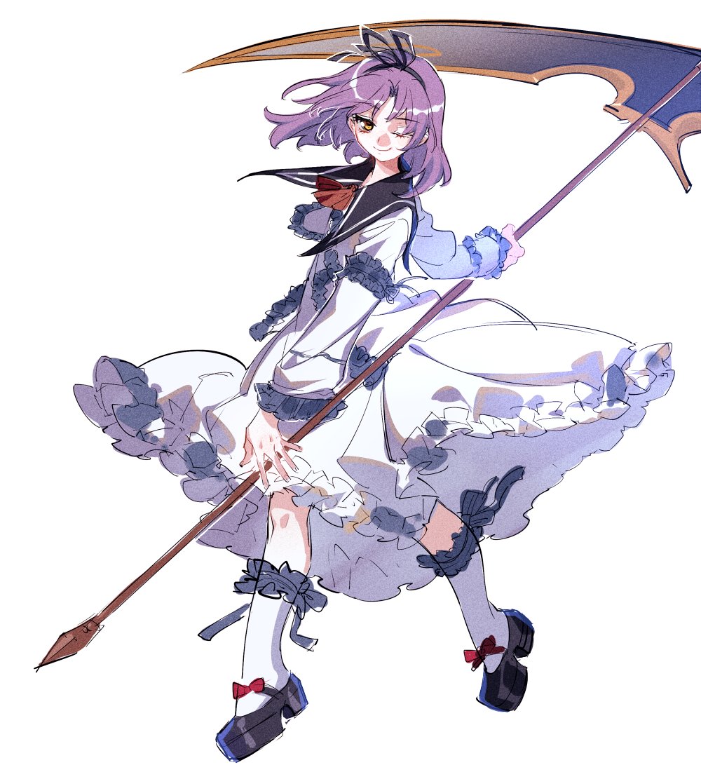 1girl ascot black_footwear dress eiyuu_densetsu frilled_dress frills full_body hairband long_sleeves looking_at_viewer one_eye_closed orange_eyes platform_footwear purple_hair renne scythe shoes short_hair simple_background smile socks solo sora_no_kiseki towtow_redoland white_background white_dress