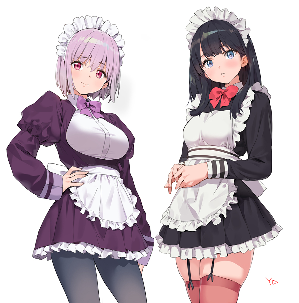 2girls alternate_costume apron bangs black_dress black_hair blue_eyes blush bow bowtie breasts closed_mouth dress enmaided framed_breasts frills garter_straps hand_on_hip juliet_sleeves large_breasts lavender_hair long_hair long_sleeves looking_at_viewer maid maid_headdress multiple_girls pantyhose puffy_sleeves purple_bow purple_dress red_bow red_eyes red_legwear shinjou_akane short_hair simple_background skindentation small_breasts smile ssss.gridman takarada_rikka thigh-highs thighs underbust waist_apron white_background yang-do