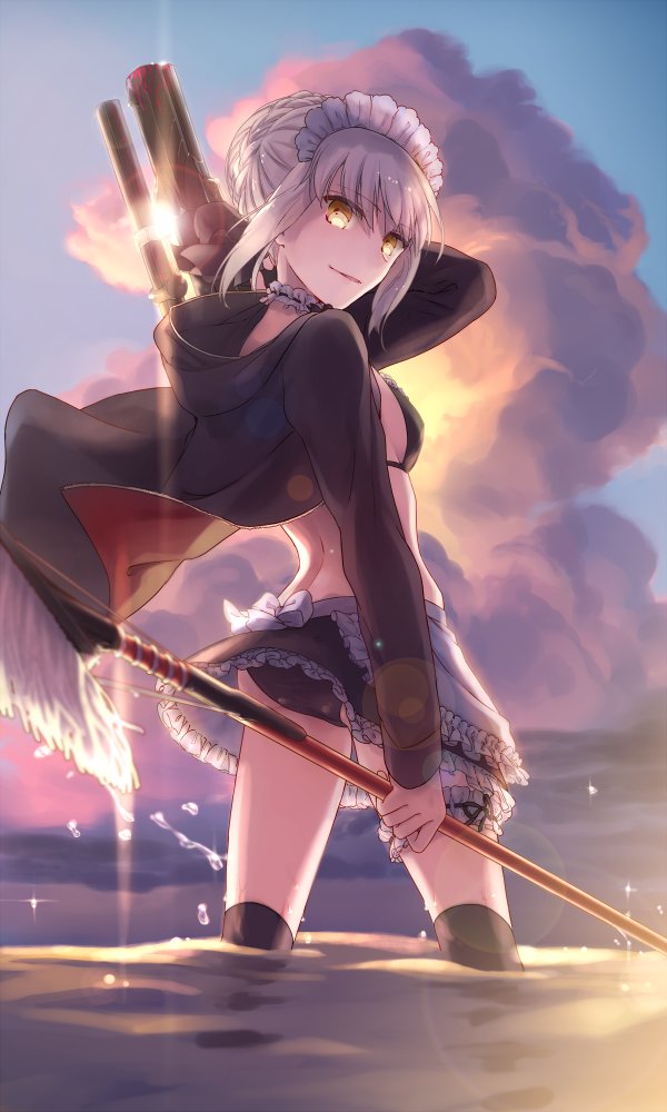 1girl apron artoria_pendragon_(all) artoria_pendragon_(swimsuit_rider_alter) bikini black_bikini black_jacket black_legwear black_skirt blue_sky braided_bun breasts choker clouds day fate/grand_order fate_(series) floating_hair frilled_apron frilled_skirt frills holding holding_weapon hood hood_down hooded_jacket jacket lens_flare looking_at_viewer looking_back maid_headdress miniskirt misoiri_(gokutsubushi) open_clothes open_jacket outdoors parted_lips short_hair sideboob sidelocks silver_hair skirt sky small_breasts solo standing swimsuit thigh-highs wading waist_apron weapon white_apron yellow_eyes
