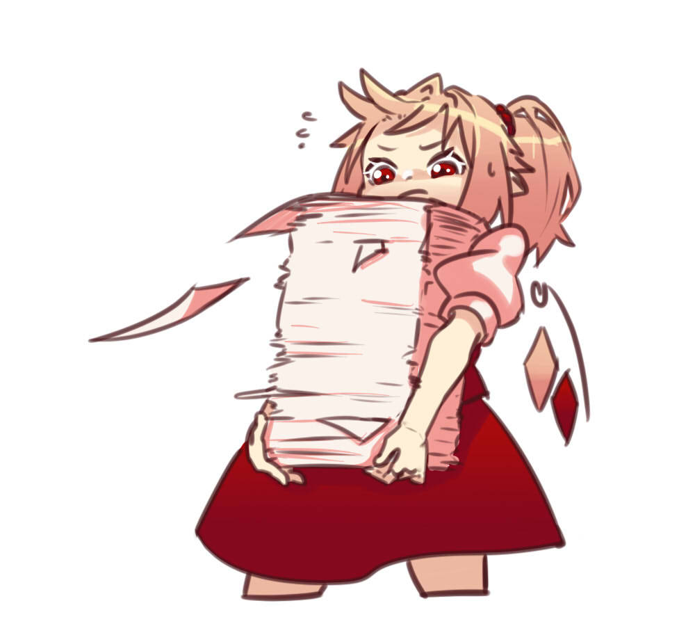 1girl blonde_hair cowboy_shot dress flandre_scarlet heavy holding holding_paper medium_hair paper paper_stack ponytail puffy_sleeves red_dress red_eyes short_sleeves simple_background solo touhou white_background yoruny