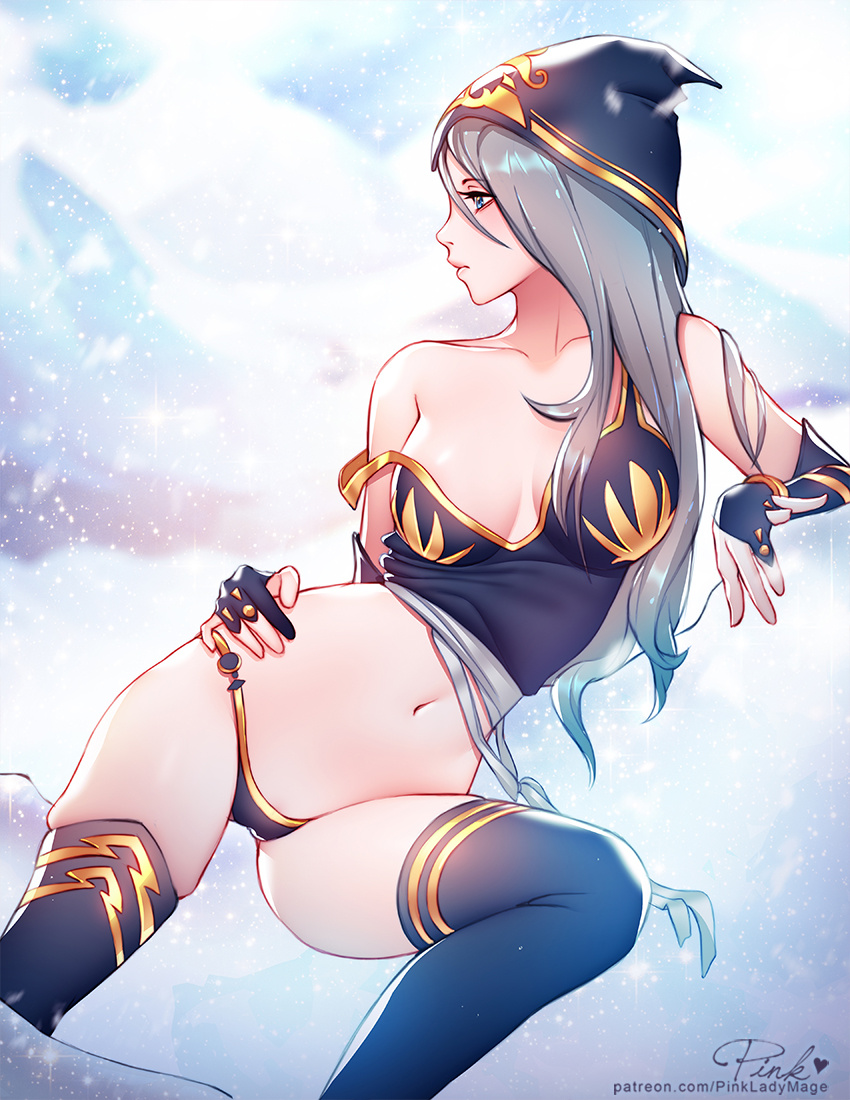 1girl ashe_(league_of_legends) blue_eyes elbow_gloves gloves grey_hair hood league_of_legends long_hair navel off_shoulder pink_lady_mage profile thigh-highs