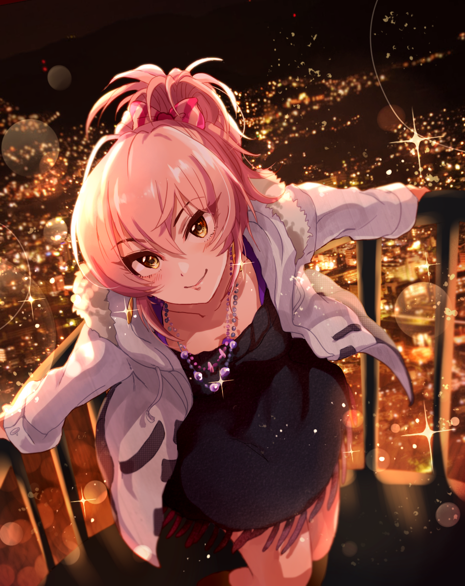 1girl anaroguya bangs bare_legs black_dress bow city city_lights coat commentary dress earrings eyebrows_visible_through_hair fur_trim hair_bow highres idolmaster idolmaster_cinderella_girls jewelry jougasaki_mika leaning_forward long_hair long_sleeves looking_at_viewer necklace night outdoors pink_hair ponytail railing smile solo sparkle_background striped striped_bow white_coat yellow_eyes