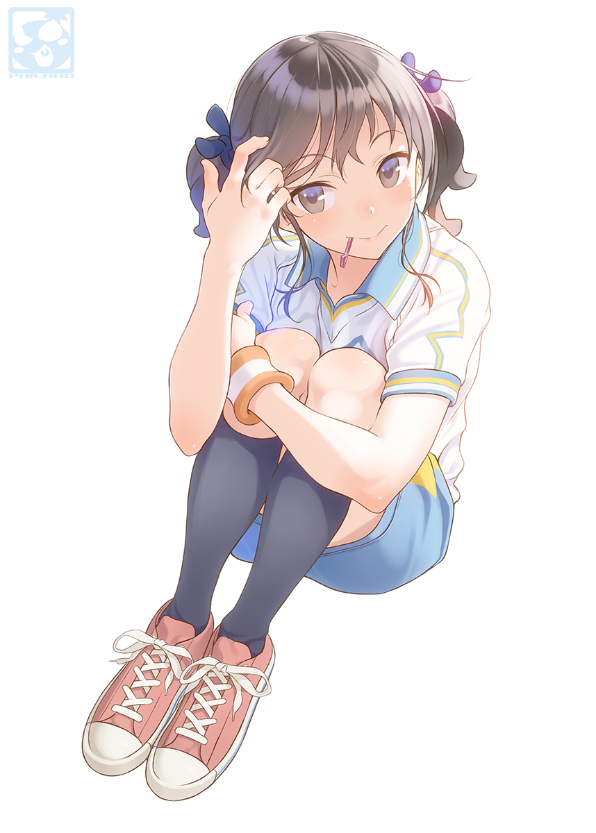 1girl adjusting_hair aoi_sora_(pairan) bangs black_legwear blue_shorts brown_eyes brown_hair closed_mouth collared_shirt commentary_request cross-laced_footwear full_body gym_uniform hair_ornament hairclip hand_up head_tilt highres kneehighs knees_up leg_hug long_hair looking_at_viewer mouth_hold original pairan shirt shoes short_sleeves shorts simple_background sitting smile sneakers solo twintails watermark white_background white_shirt wristband