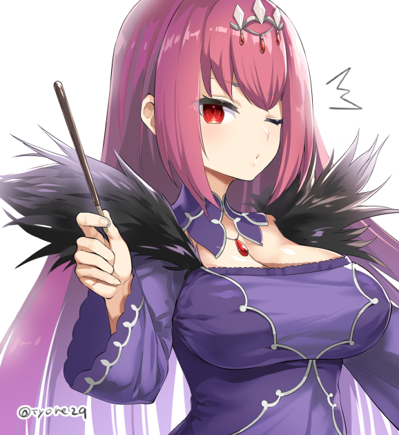 /\/\/\ 1girl breasts cleavage closed_mouth commentary_request detached_collar dress fate/grand_order fate_(series) feather_trim fingernails food headpiece holding holding_food large_breasts long_hair long_sleeves looking_at_viewer one_eye_closed pocky purple_collar purple_dress purple_hair red_eyes scathach_(fate)_(all) scathach_skadi_(fate/grand_order) simple_background solo twitter_username tyone upper_body very_long_hair white_background wide_sleeves