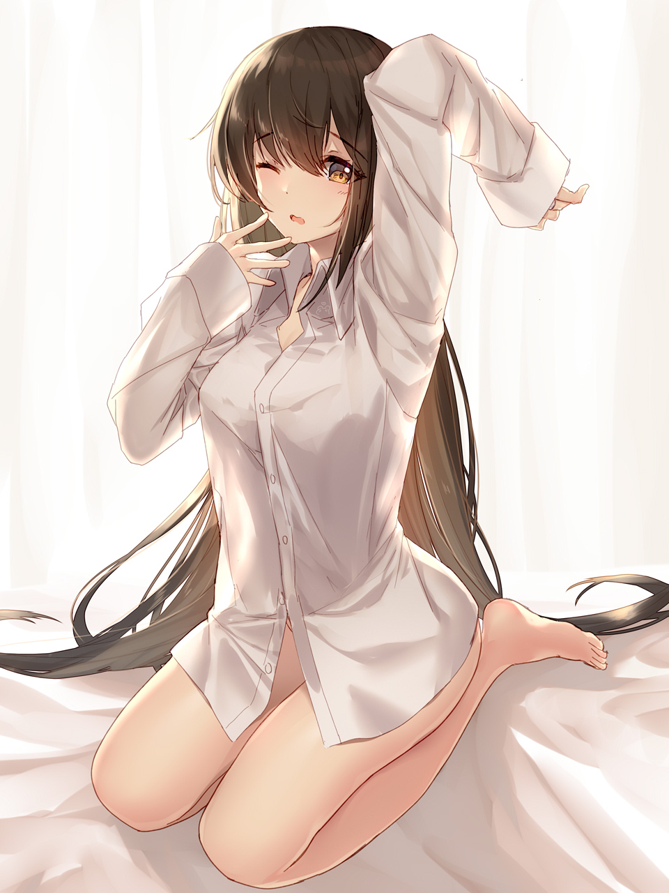 1girl bison_cangshu blush breasts brown_eyes brown_hair character_request collared_shirt eyebrows_visible_through_hair full_body hand_up highres long_hair long_sleeves looking_at_viewer medium_breasts naked_shirt one_eye_closed open_mouth seiza shirt sitting solo stretch waking_up white_shirt zhan_jian_shao_nyu