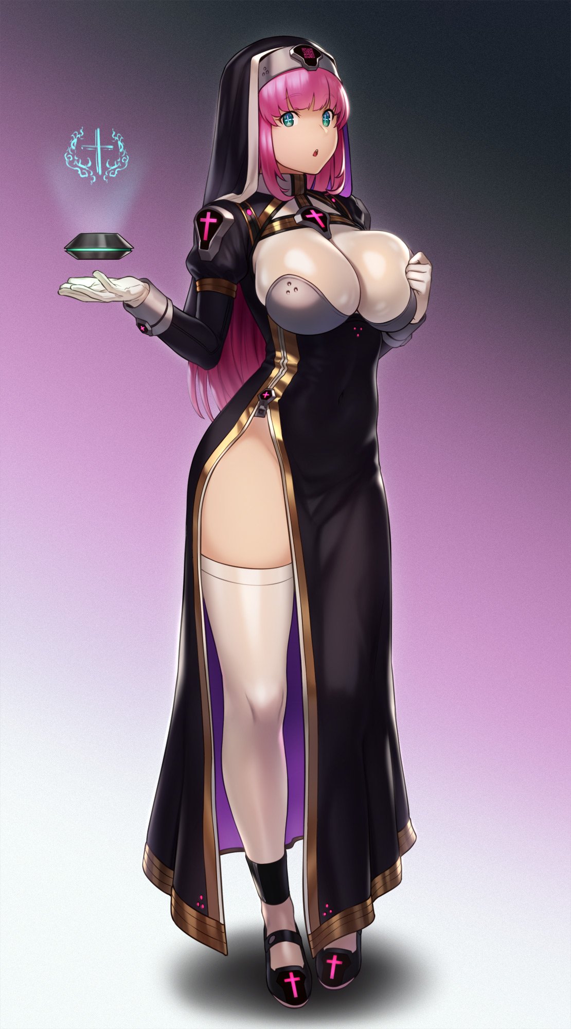 +_+ 1girl aqua_eyes bangs blunt_bangs breasts covered_navel eyebrows_visible_through_hair floating floating_object full_body gloves groin hand_on_own_chest highres hologram houtengeki large_breasts long_hair looking_at_viewer nun open_mouth original purple_hair robe solo symbol-shaped_pupils teeth thigh-highs white_gloves white_legwear