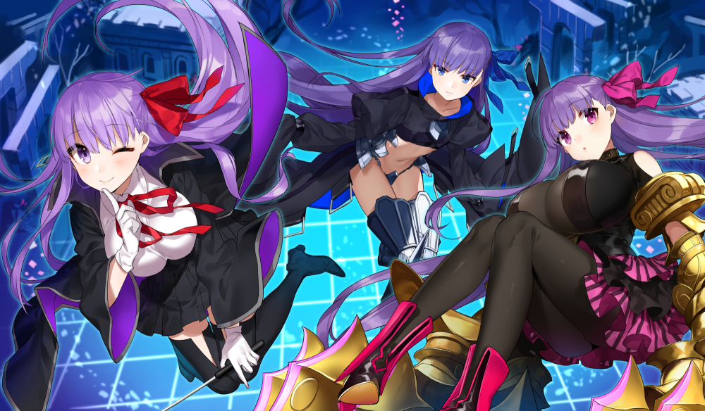 3girls :o ;) bangs bb_(fate)_(all) bb_(fate/extra_ccc) black_footwear black_jacket black_legwear black_skirt blue_bow blue_eyes blush boots bow breasts closed_mouth commentary_request crotch_plate eyebrows_visible_through_hair fate/extra fate/extra_ccc fate_(series) gloves hair_between_eyes hair_bow high_heel_boots high_heels holding jacket juliet_sleeves large_breasts long_hair long_sleeves medium_breasts meltlilith multiple_girls navel neck_ribbon one_eye_closed pantyhose parted_lips passion_lip pink_skirt pleated_skirt puffy_sleeves purple_hair red_bow red_ribbon ribbon shirako_miso shirt skirt smile striped thigh-highs thigh_boots vertical-striped_skirt vertical_stripes very_long_hair violet_eyes white_gloves white_shirt wide_sleeves