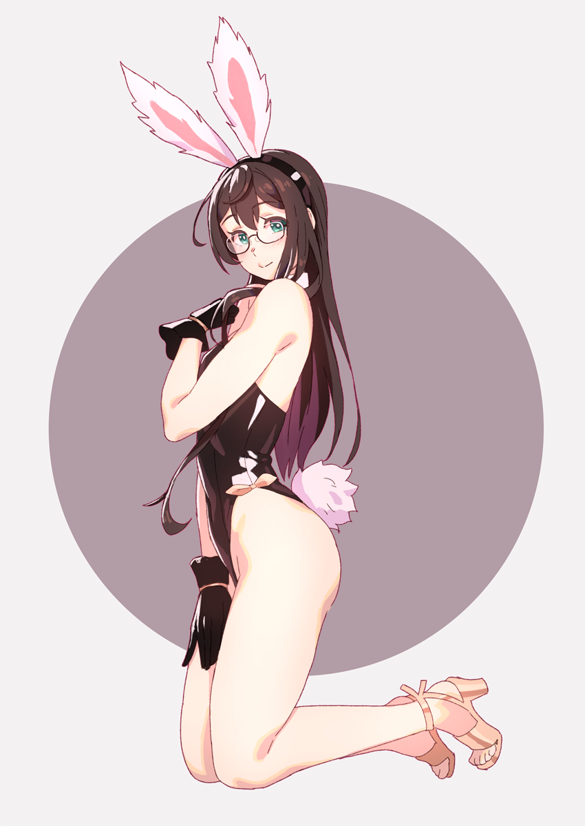 1girl animal_ears black_gloves black_hair black_leotard breasts bunny_tail bunnysuit circle detached_collar full_body glasses gloves green_eyes grey_background hairband highres kantai_collection kneeling leotard long_hair looking_at_viewer ooyodo_(kantai_collection) open_toe_shoes rabbit_ears semi-rimless_eyewear small_breasts solo strapless strapless_leotard tail two-tone_background under-rim_eyewear yuuji_(and)