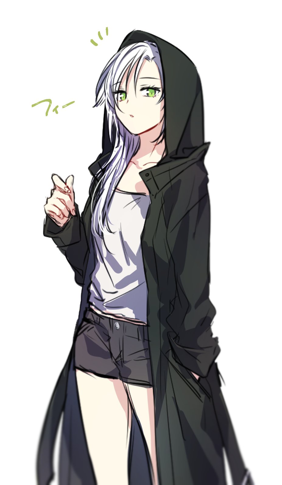 /\/\/\ 1girl breasts character_name collarbone cowboy_shot eiyuu_densetsu fie_claussell green_eyes hand_in_pocket highres hooded_coat long_hair looking_at_viewer sen_no_kiseki short_shorts shorts silver_hair simple_background small_breasts soap_(user_kghh4755) solo standing white_background