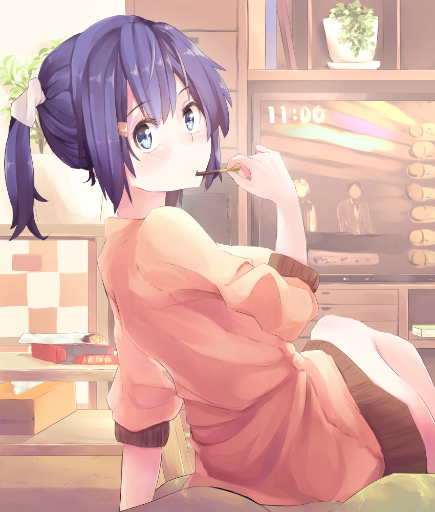 1girl alternate_costume blue_eyes blue_hair eyebrows_visible_through_hair food food_in_mouth from_behind hair_ornament hairclip holding holding_food indoors kantai_collection looking_at_viewer planter pocky_day ponytail shirt short_hair sitting solo souryuu_(kantai_collection) taisho_(gumiyuki) television