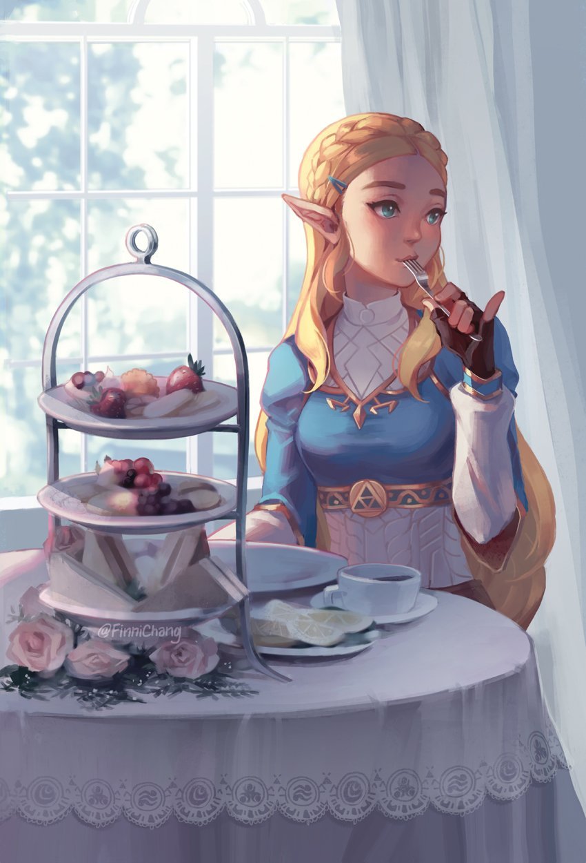 1girl bangs blonde_hair blue_eyes braid breasts commentary cup day english_commentary fingerless_gloves finni_chang food food_in_mouth fork french_braid gloves hair_ornament hairclip highres long_hair long_sleeves nintendo nose parted_bangs pinky_out pointy_ears princess_zelda sandwich sitting solo table teacup the_legend_of_zelda the_legend_of_zelda:_breath_of_the_wild thick_eyebrows window