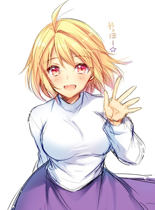 1girl :d agekichi_(heart_shape) ahoge arcueid_brunestud arm_behind_back blonde_hair breasts eyebrows_visible_through_hair floating_hair hair_between_eyes large_breasts leaning_forward long_skirt looking_at_viewer open_mouth purple_skirt red_eyes shirt short_hair simple_background sketch skirt smile solo standing tsukihime waving white_background white_shirt