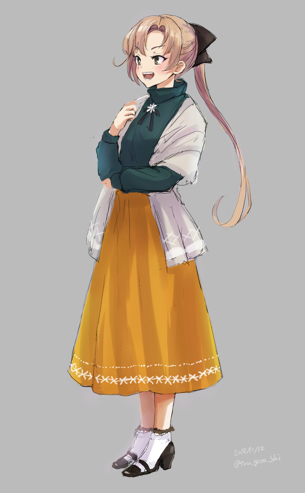 1girl akigumo_(kantai_collection) black_footwear black_ribbon brown_hair full_body green_eyes green_sweater grey_background hair_ribbon highres kantai_collection karashi_(tou_gara_shi) long_hair long_skirt orange_skirt ponytail ribbon shawl simple_background skirt socks solo standing sweater white_legwear