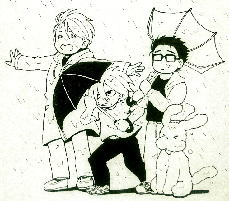 &gt;_&lt; 3boys =_= dog glasses heart-shaped_mouth katsuki_yuuri makkachin male_focus monochrome multiple_boys open_mouth rain raincoat smile takeshi_(mononohu20) umbrella viktor_nikiforov wind yuri!!!_on_ice yuri_plisetsky