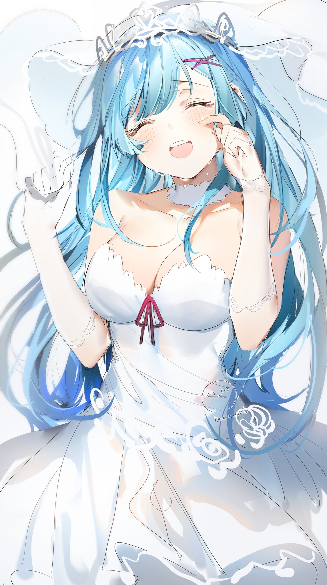 1girl bangs bare_shoulders blue_hair blush breasts bridal_veil cleavage closed_eyes collarbone commentary_request crying detached_collar detached_sleeves dress eyebrows_visible_through_hair frilled_sleeves frills gloves hair_ornament highres large_breasts open_mouth re:zero_kara_hajimeru_isekai_seikatsu rem_(re:zero) smile standing tears umibouzu_(niito) veil wedding_dress white_gloves x_hair_ornament