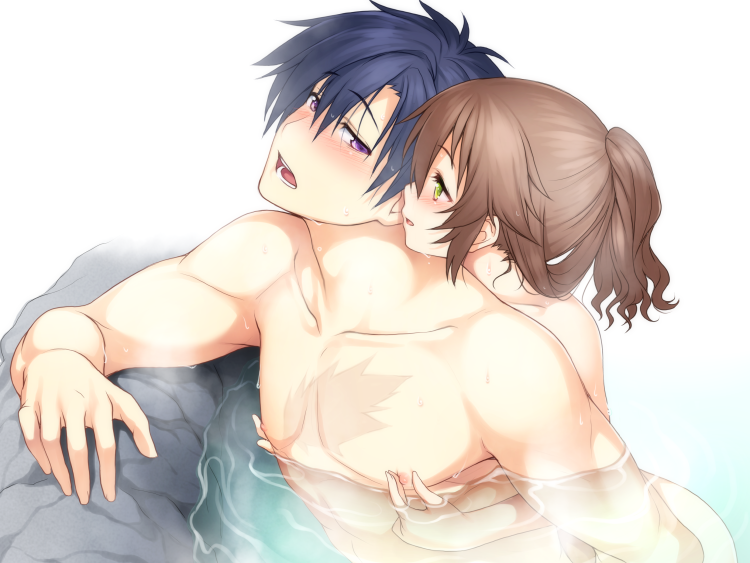 1boy 1girl black_hair blush brown_hair eiyuu_densetsu eyebrows_visible_through_hair green_eyes hair_between_eyes hakuleg hetero long_hair nipple_tweak nude onsen parted_lips partially_submerged petite ponytail rean_schwartzer scar sen_no_kiseki towa_herschel violet_eyes water