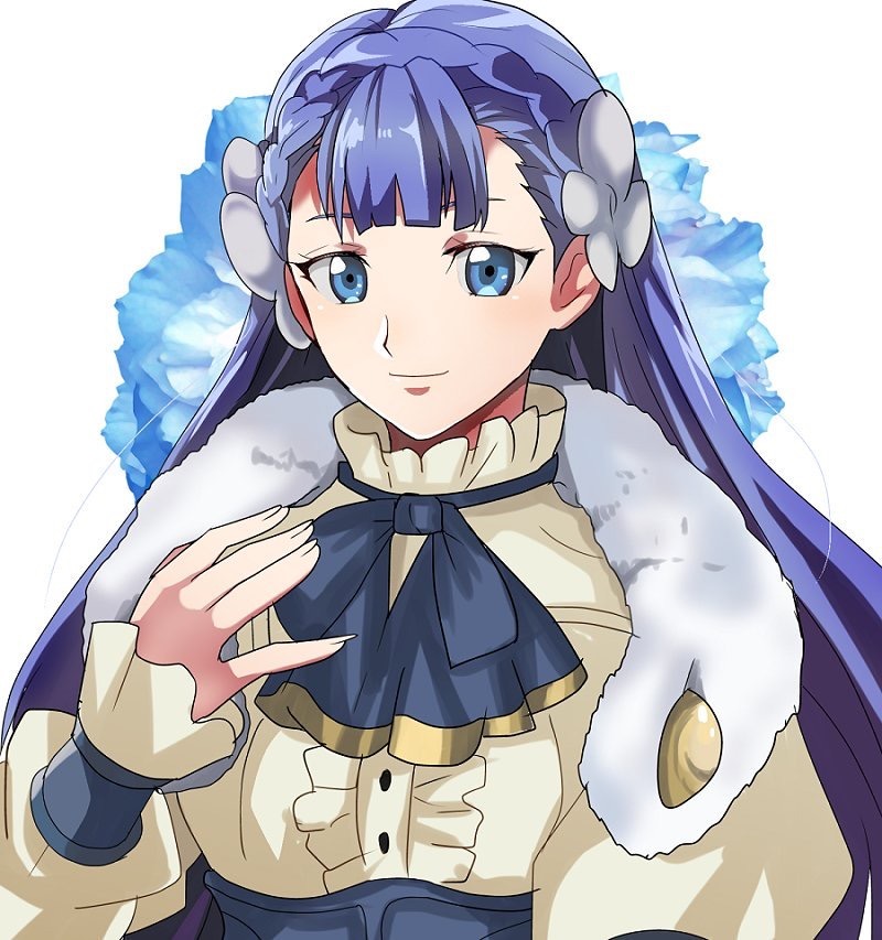 1girl blue_eyes blue_hair cape dress european_clothes fire_emblem fire_emblem_echoes:_mou_hitori_no_eiyuuou fire_emblem_gaiden flower fur_cape hair_flower hair_ornament linea_(fire_emblem) long_hair looking_at_viewer nintendo rem_sora410 smile