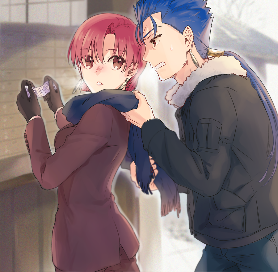 1boy 1girl bazett_fraga_mcremitz black_coat black_gloves blue_hair blue_pants brown_eyes brown_jacket brown_pants couple cu_chulainn_(fate)_(all) earrings fate/hollow_ataraxia fate_(series) formal from_side fur_trim gloves hair_ornament holding jacket jewelry lancer long_hair long_sleeves looking_back misoiri_(gokutsubushi) outdoors pants parted_lips ponytail red_eyes redhead standing sweatdrop