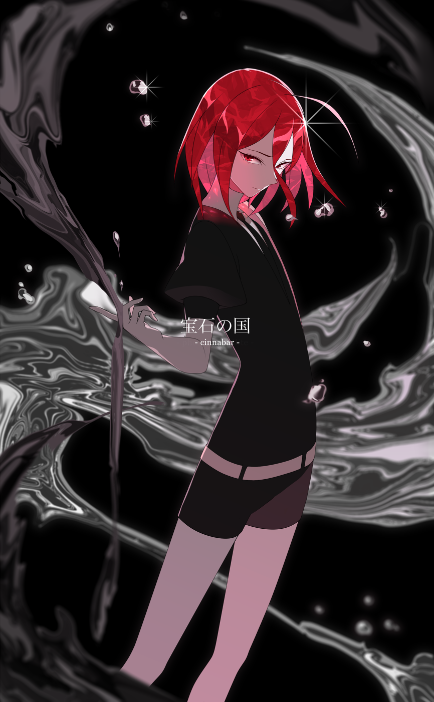 1other androgynous black_background character_name copyright_name crystal_hair gem_uniform_(houseki_no_kuni) gomibukurokarasu hair_between_eyes highres houseki_no_kuni long_bangs looking_at_viewer mercury necktie red_eyes redhead shinsha_(houseki_no_kuni) short_hair