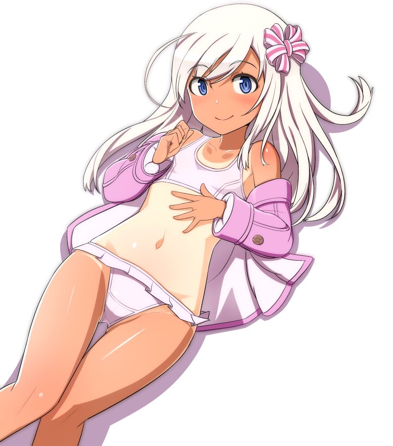 1girl blonde_hair blue_eyes bow buttons closed_mouth commentary hair_bow hair_ornament jacket kantai_collection long_hair long_sleeves looking_at_viewer nanashino navel one-piece_tan open_clothes pink_bow pink_jacket ro-500_(kantai_collection) shadow simple_background solo swimsuit swimsuit_under_clothes tan tanline white_background