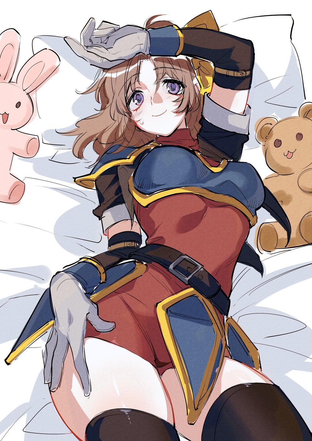 1girl anelace_elfead arm_up arm_warmers armor bed_sheet belt black_legwear breastplate breasts brown_hair cowboy_shot eiyuu_densetsu gloves highres looking_at_viewer lying medium_breasts on_back pillow shirt short_hair sketch smile solo sora_no_kiseki stuffed_animal stuffed_bunny stuffed_toy sweatdrop teddy_bear thigh-highs thighs towtow_redoland turtleneck vest violet_eyes white_gloves