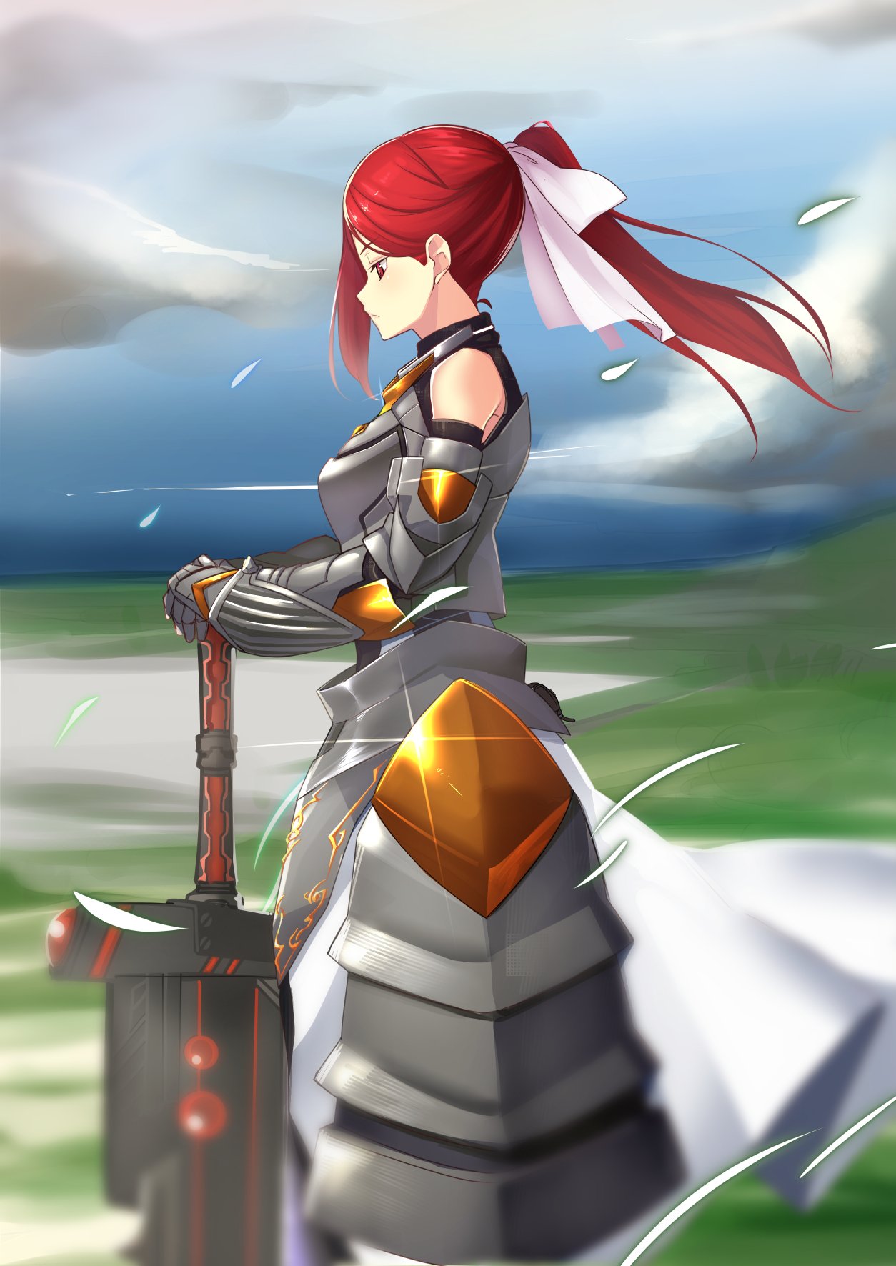 1girl armor armored_dress bow breastplate character_request clouds cloudy_sky dress faulds floating_hair from_side gauntlets goemon1110 hair_bow hands_on_hilt highres long_hair looking_down outdoors ponytail red_eyes redhead sidelocks sky sleeveless sleeveless_dress solo standing white_bow white_dress