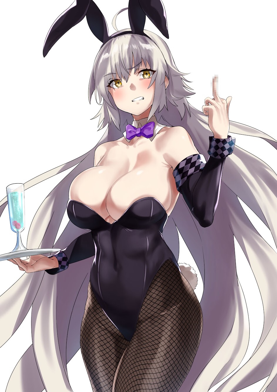 1girl ahoge animal_ears bare_shoulders breasts bunny_girl bunnysuit censored champagne_flute cleavage commentary_request covered_navel cup detached_sleeves drinking_glass fate/grand_order fate_(series) fishnets fujitsubo_(hujitubo0731) highres jeanne_d'arc_(alter)_(fate) jeanne_d'arc_(fate)_(all) large_breasts long_hair looking_at_viewer middle_finger mosaic_censoring rabbit_ears silver_hair simple_background solo very_long_hair white_background yellow_eyes