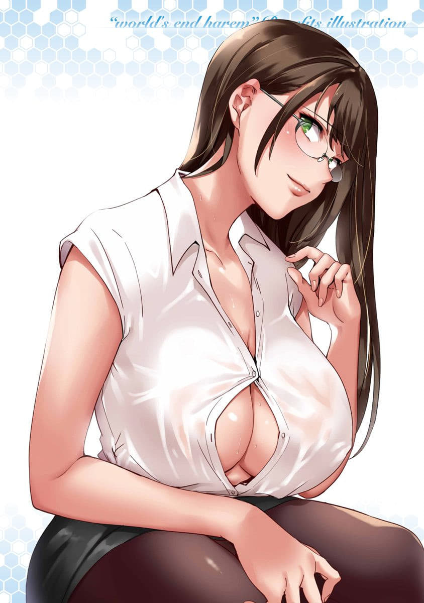 1girl bangs bare_arms bare_shoulders black_legwear black_skirt blush breasts brown_hair button_gap cleavage closed_mouth collarbone collared_shirt cowboy_shot erect_nipples eyebrows_visible_through_hair eyelashes fingernails formal glasses green_eyes hand_on_own_leg hand_up hanyuu_yuzuki head_tilt highres large_breasts long_fingernails long_hair looking_at_viewer miniskirt nail_polish office_lady pantyhose pencil_skirt pink_lips pink_nails rimless_eyewear scan shirt short_sleeves shouno_kotarou shuumatsu_no_harem sideways_glance skirt sleeveless sleeveless_shirt smile solo unbuttoned unbuttoned_shirt white_background white_shirt