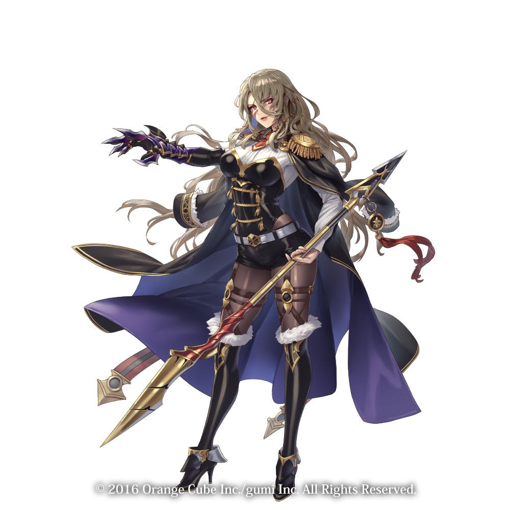 1girl bangs belt blonde_hair boots bustier cape copyright crystal_of_re:union cuboon epaulettes eyebrows_visible_through_hair facial_scar fur_trim garter_straps gauntlets hair_ornament high_heels holding holding_spear holding_weapon knee_boots long_hair military military_uniform official_art outstretched_arm parted_lips polearm red_neckwear scar scar_on_cheek shirt short_shorts shorts spear standing uniform weapon white_shirt