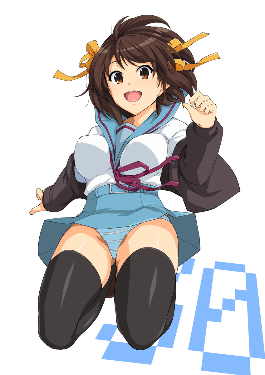 1girl :d ass_visible_through_thighs bouncing_breasts breasts brown_eyes brown_hair cardigan from_below hairband haruhisky highres jumping large_breasts looking_down medium_hair open_mouth panties sailor_collar school_uniform smile solo striped striped_panties suzumiya_haruhi suzumiya_haruhi_no_yuuutsu thigh-highs underwear white_background zettai_ryouiki