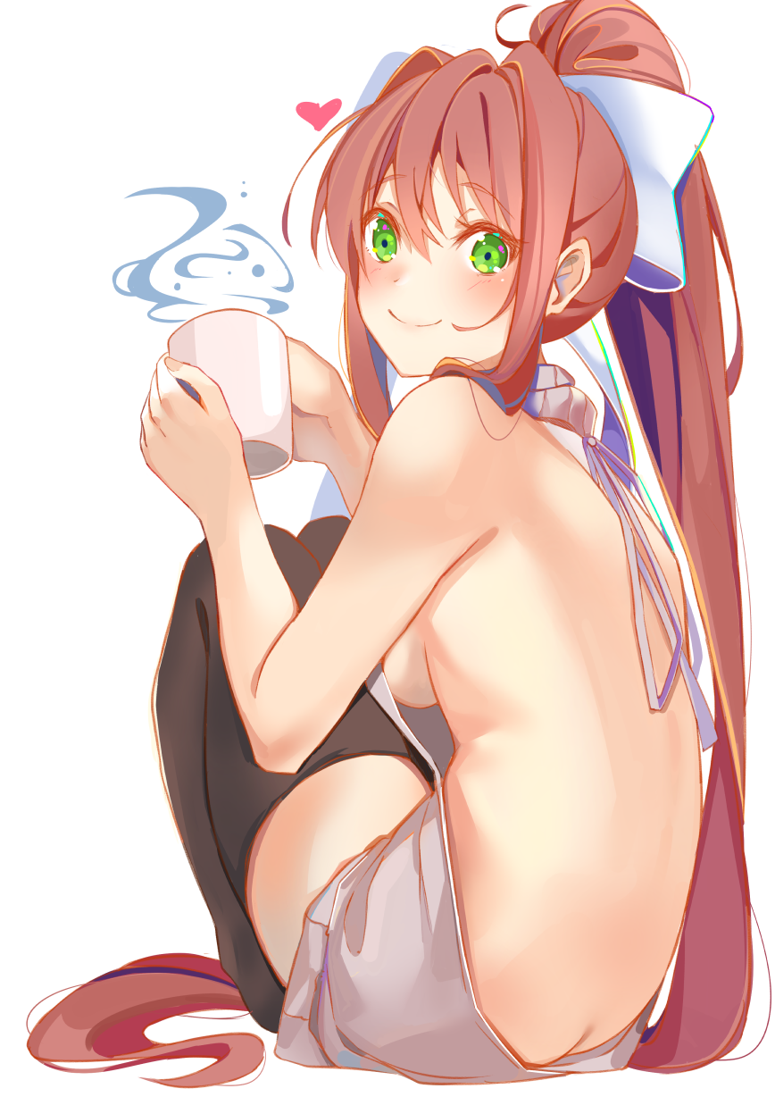 1girl back backless_dress backless_outfit bare_back bare_shoulders black_legwear breasts brown_hair butt_crack commentary cup doki_doki_literature_club drawstring dress english_commentary eyebrows_visible_through_hair green_eyes hair_between_eyes hair_ribbon heart highres holding holding_cup long_hair looking_at_viewer looking_back medium_breasts meme_attire monika_(doki_doki_literature_club) naked_sweater ponytail ribbon sideboob simple_background sitting sleeveless sleeveless_turtleneck smile solo steam sweater sweater_dress thigh-highs turtleneck very_long_hair virgin_killer_sweater white_background white_ribbon white_sweater xhunzei