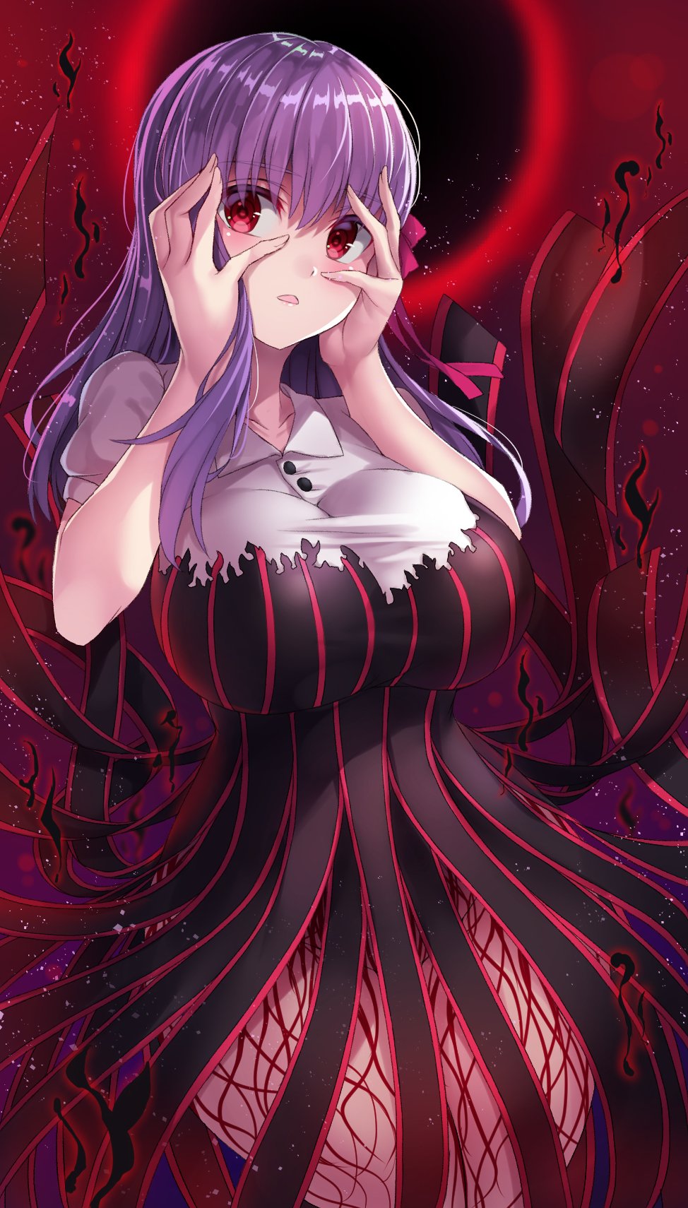 1girl bangs beeyan breasts dark_persona dark_sakura dress fate/stay_night fate_(series) hair_ribbon heaven's_feel highres large_breasts long_hair looking_at_viewer matou_sakura open_mouth purple_hair red_eyes ribbon solo