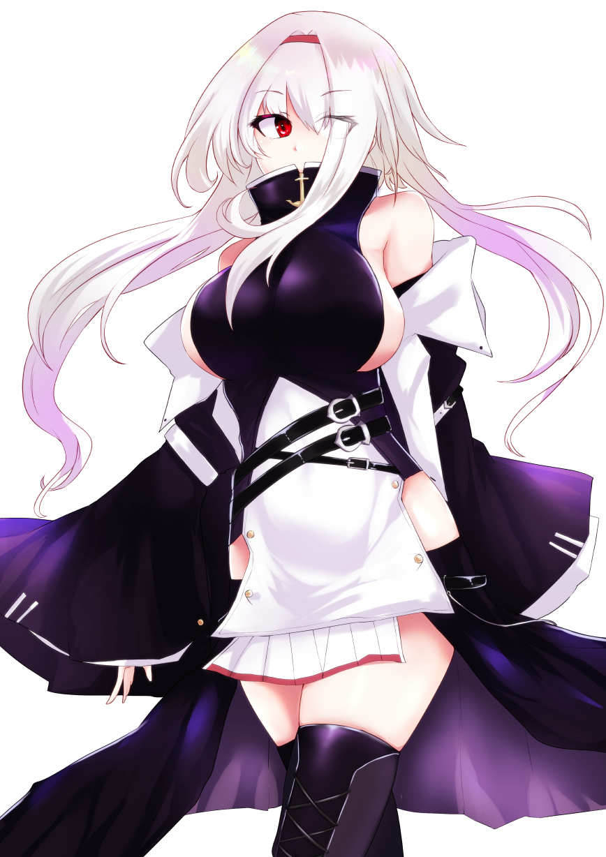 1girl azur_lane bare_shoulders belt boots breasts coat colorado_(azur_lane) detached_sleeves dress hair_over_one_eye hairband highres ibara_azuki large_breasts long_hair red_eyes sideboob silver_hair skirt sleeveless sleeveless_dress solo thigh-highs thigh_boots white_hair