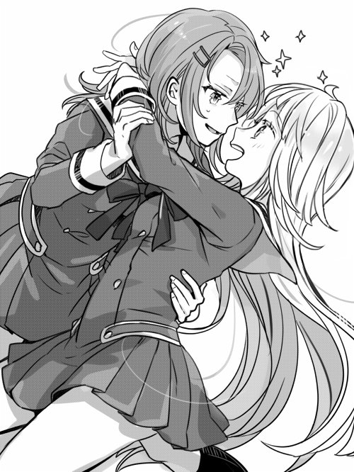 2girls :d arm_around_waist bang_dream! bangs commentary_request dress eye_contact greyscale hair_ornament hairclip hanasakigawa_school_uniform holding_arm ito22oji long_hair long_sleeves looking_at_another monochrome multiple_girls neck_ribbon okusawa_misaki open_mouth pleated_dress ribbon sailor_dress smile sparkle sweatdrop tsurumaki_kokoro yuri