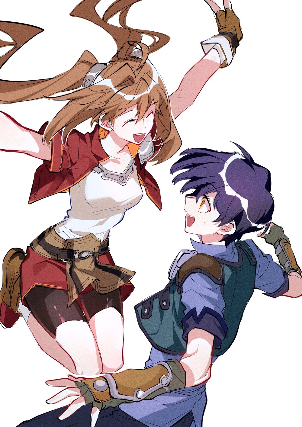 1boy 1girl ahoge arm_guards belt bike_shorts black_hair breasts brown_gloves brown_hair closed_eyes eiyuu_densetsu estelle_bright fingerless_gloves gloves highres jacket joshua_astray jumping leather leather_gloves long_hair looking_at_another medium_breasts miniskirt open_mouth red_jacket shirt shoes short_hair short_sleeves shorts shorts_under_skirt simple_background skirt smile socks sora_no_kiseki sweatdrop towtow_redoland twintails white_background yellow_eyes