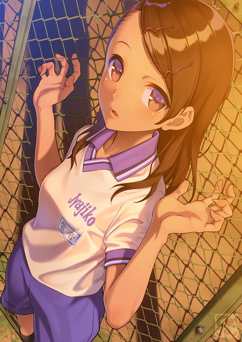 1girl brown_eyes brown_hair gym_shorts gym_uniform hair_ornament hairclip hands_up highres long_hair looking_at_viewer original pairan shorts solo standing