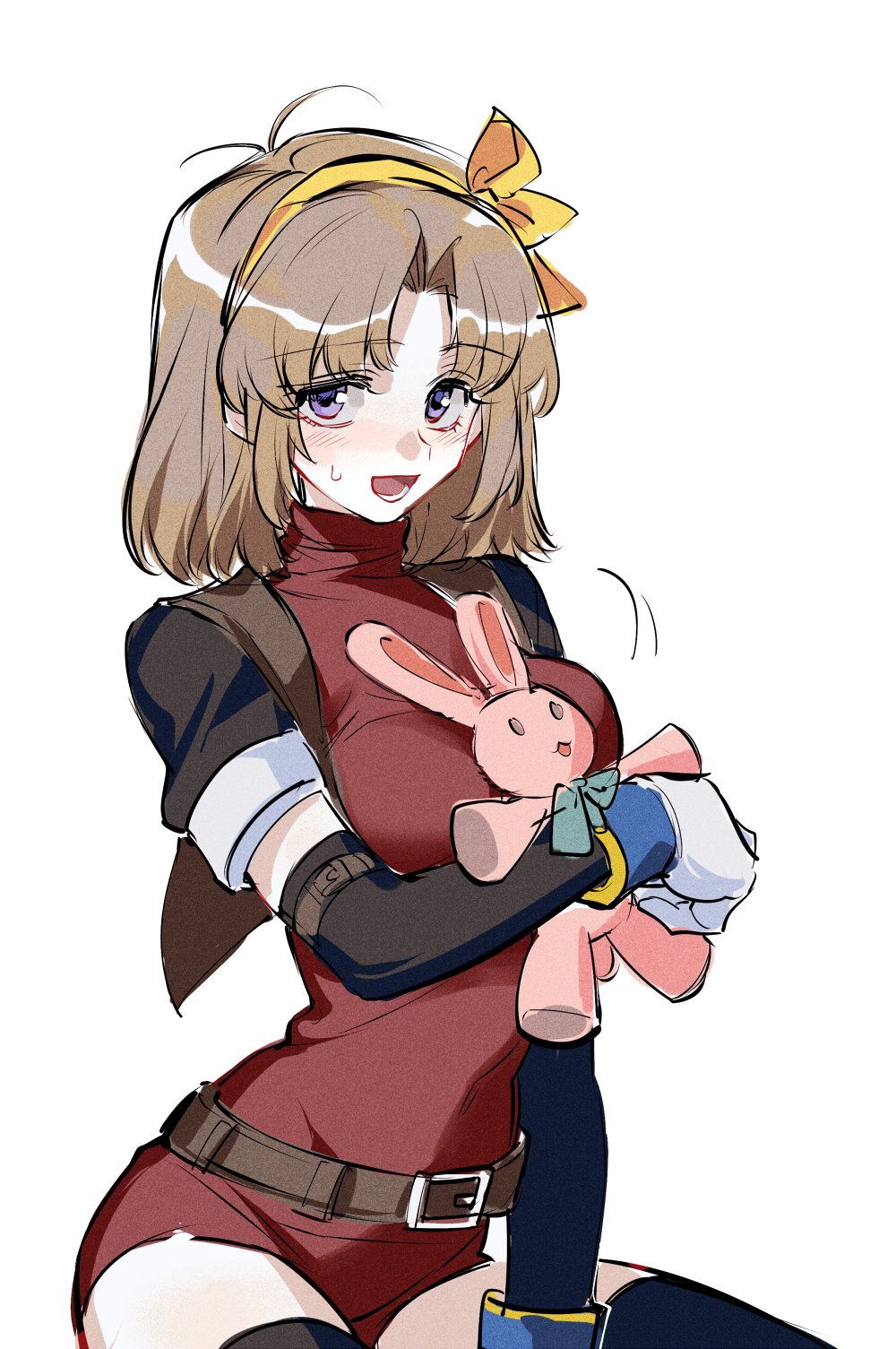 1girl anelace_elfead arm_warmers belt black_legwear blush breasts brown_hair cowboy_shot eiyuu_densetsu gloves hairband highres looking_at_viewer medium_breasts open_mouth shirt short_hair simple_background solo sora_no_kiseki stuffed_animal stuffed_bunny stuffed_toy sweatdrop thigh-highs towtow_redoland turtleneck vest violet_eyes white_background white_gloves