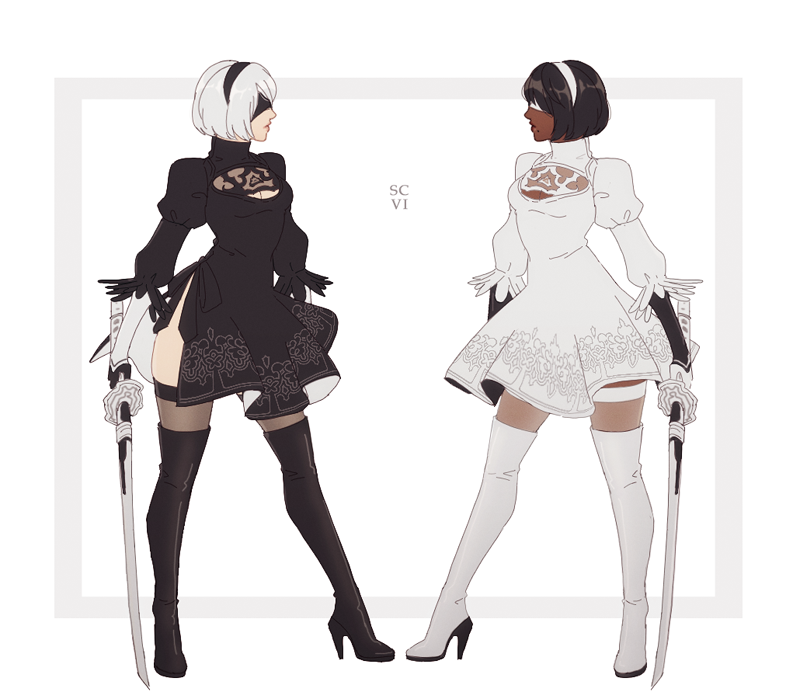 2girls alternate_color android back_cutout black_blindfold black_dress black_hair black_legwear blindfold boots cleavage_cutout commentary covered_eyes dark_skin dress dual_persona feather-trimmed_sleeves full_body high_heels juliet_sleeves leotard long_sleeves mole mole_under_mouth multiple_girls mushisotisis nier_(series) nier_automata player_2 puffy_sleeves short_hair simple_background soul_calibur soulcalibur_vi thigh-highs thigh_boots white_legwear white_leotard yorha_no._2_type_b