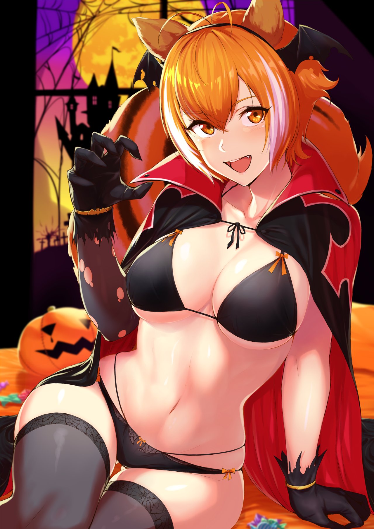 :d animal_ears antenna_hair bat_hair_ornament bat_wings bikini_top black_bikini_top black_gloves black_panties blazblue bow bow_bra bow_panties bra breasts brown_hair candy cape commentary eyebrows_visible_through_hair fang food gloves gluteal_fold hair_between_eyes hair_ornament halloween halloween_costume highres jack-o'-lantern lace lace-trimmed_thighhighs legs_together looking_at_viewer makoto_nanaya multicolored_hair navel open_mouth panties pumpkin purinnssu revealing_clothes short_hair skindentation smile spider_web_print squirrel_ears squirrel_girl squirrel_tail tail thigh-highs thigh_gap under_boob underwear wings yellow_eyes