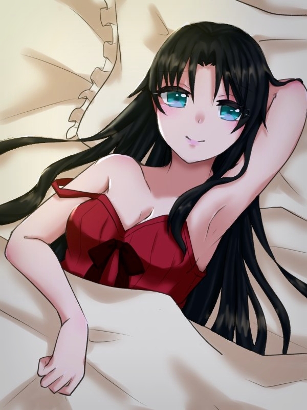 1girl bed black_hair blue_eyes cute fate/stay_night fate_(series) hisa_0506 lips long_hair looking_at_viewer lying pillow relaxing solo tohsaka_rin underwear