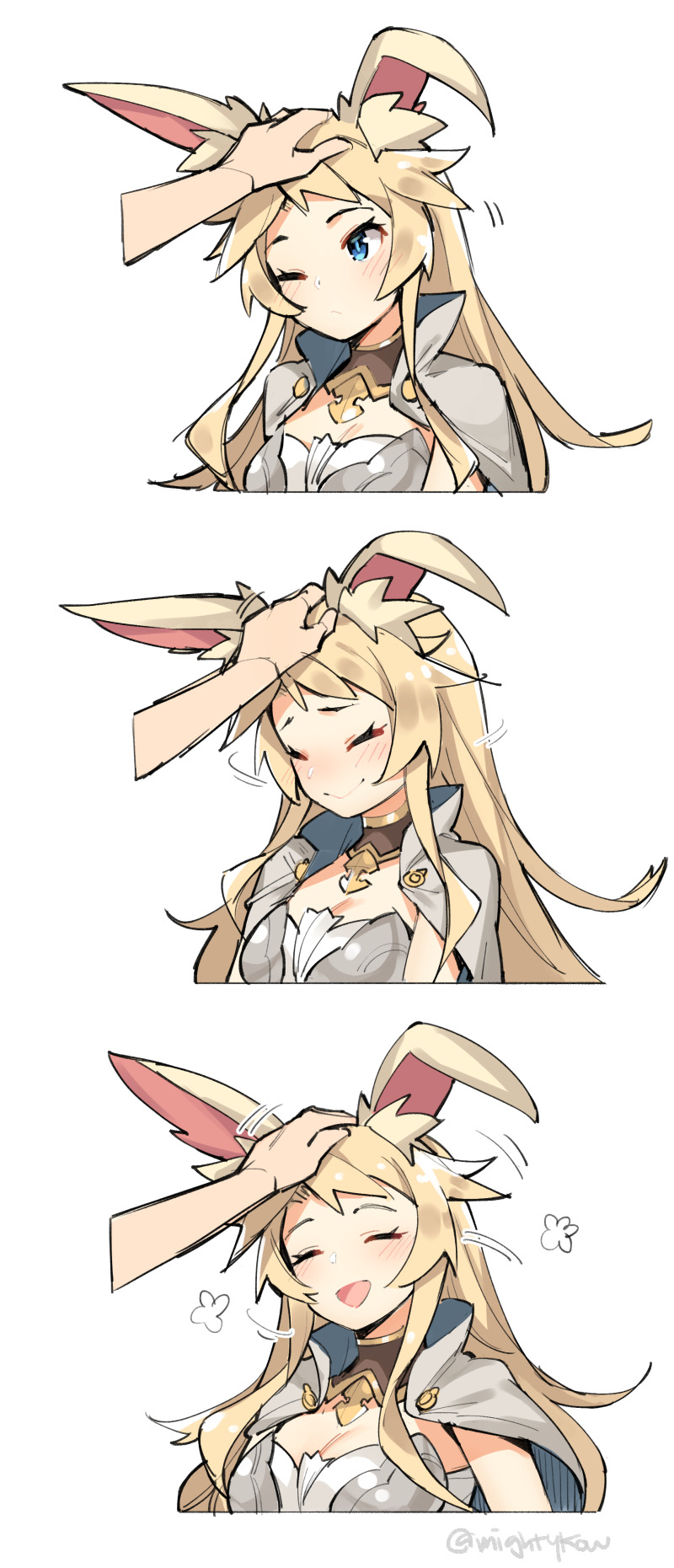 1girl 1other 3koma animal_ear_fluff animal_ears bangs blonde_hair blue_eyes blush bunny_girl cape collared_cape comic commentary_request doodle dragalia_lost eleonora_(dragalia_lost) gebyy-terar highres long_hair petting rabbit_ears sidelocks smile solo_focus upper_body very_long_hair white_cape