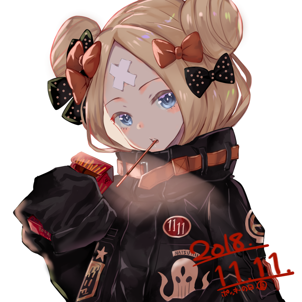 1girl abigail_williams_(fate/grand_order) bangs black_bow black_jacket blonde_hair blue_eyes blush bow commentary_request dated fate/grand_order fate_(series) food food_in_mouth hair_bow hair_bun head_tilt heroic_spirit_traveling_outfit jacket long_hair long_sleeves looking_at_viewer mouth_hold natsujiru orange_bow parted_bangs parted_lips pocky pocky_day polka_dot polka_dot_bow simple_background sleeves_past_fingers sleeves_past_wrists solo star upper_body upper_teeth white_background