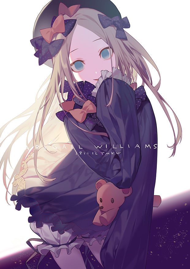 abigail_williams_(fate/grand_order) bangs black_bow black_dress black_hat blonde_hair blue_eyes bow character_name dress empty_eyes fate/grand_order fate_(series) forehead hair_bow hat long_hair open_mouth orange_bow parted_bangs polka_dot polka_dot_bow ribbed_dress sleeves_past_fingers sleeves_past_wrists smile stuffed_animal stuffed_toy teddy_bear white_background white_bloomers yamakawa