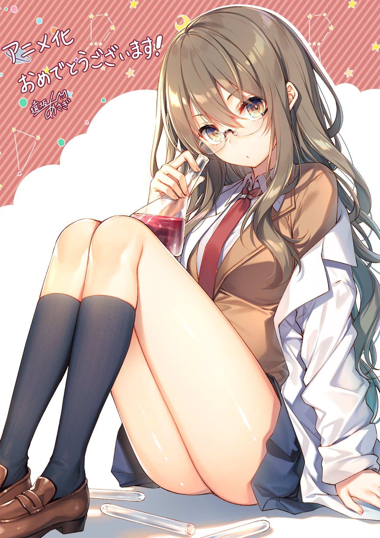 1girl black_legwear blue_skirt breasts brown_eyes brown_hair collared_shirt eyebrows_visible_through_hair futaba_rio glasses highres kneehighs labcoat large_breasts loafers long_hair long_sleeves looking_at_viewer necktie red_neckwear seishun_buta_yarou shirt shoes sitting skirt solo test_tube toosaka_asagi translated white_shirt