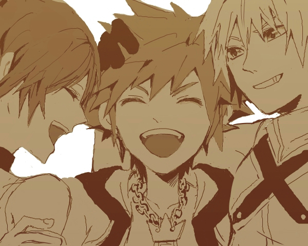 1girl 2boys closed_eyes commentary_request gloves jewelry kairi_(kingdom_hearts) kingdom_hearts kingdom_hearts_i multiple_boys necklace ramochi_(auti) riku short_hair smile sora_(kingdom_hearts)